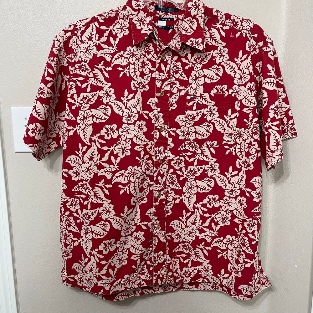 Tommy Hilfiger Men’s‎ Button Down Shirt Sz Large Red/White Tropical Beachy